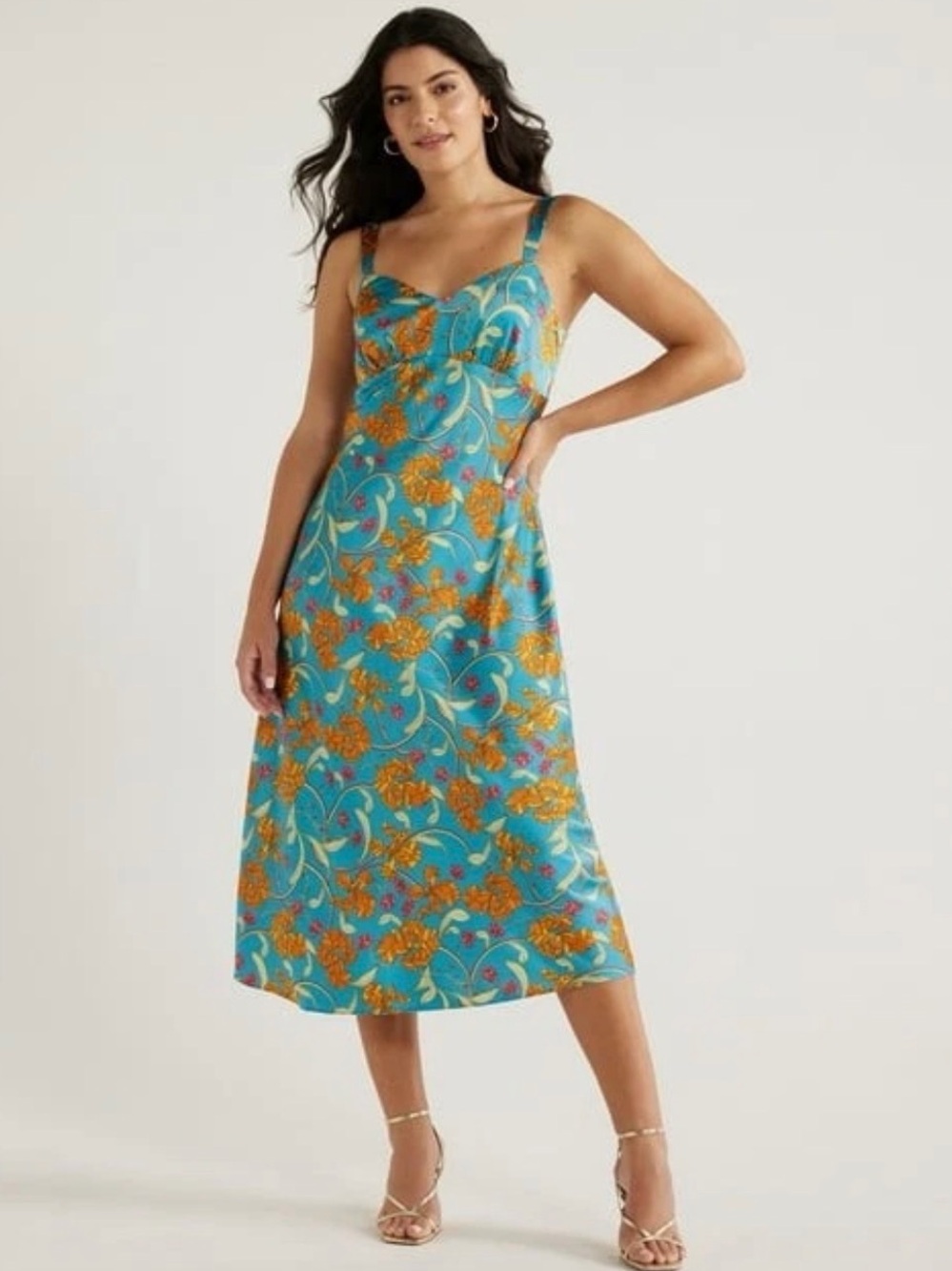 🌺 Sofia Vergara Iris Tropicana Satin Slip Midi Dress Sleeveless V-Neck Size M